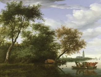 Skovklædt flodlandskab med figurer og kvæg på en færge